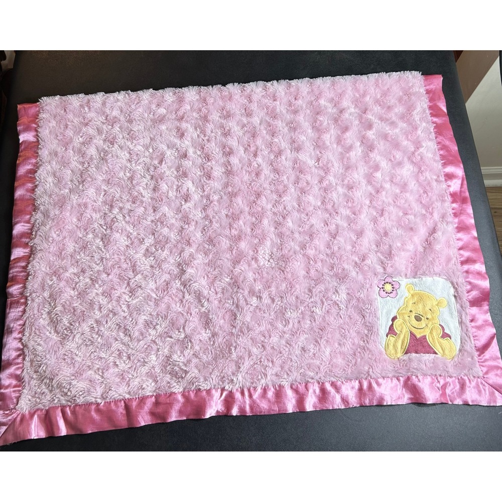Disney Winnie the Pooh Baby Blanket Pink Satin Trim Rosebud Swirl 30x40 Cozy